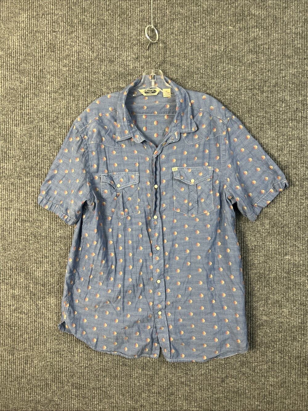 Salt Valley Shirt Mens XL Western Chambray Pearl Snap Short Sleeve Polka Dot